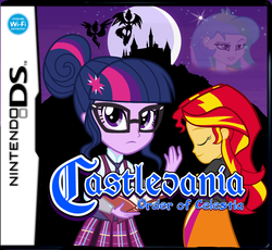 Size: 1000x919 | Tagged: safe, edit, princess celestia, principal celestia, sci-twi, sunset shimmer, twilight sparkle, equestria girls, g4, blackletter, box art, castlevania, clothes, crystal prep academy uniform, game cover, midnight sparkle, midnightsatan, moon, nintendo ds, order of ecclesia, parody, school uniform, sunset satan