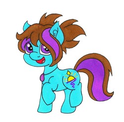 Size: 3899x3819 | Tagged: safe, artist:dawn-designs-art, oc, oc only, oc:dawn, earth pony, pony, blue coat, brown mane, female, filly, foal, high res, jewelry, necklace, pigtails, purple eyes, solo, traditional art