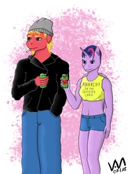 Size: 2000x2700 | Tagged: safe, artist:0-van-0, big macintosh, twilight sparkle, alicorn, anthro, g4, alcohol, alternate hairstyle, clothes, crossover, drugs, high res, jacket, jeans, joint, leather jacket, marijuana, pants, shorts, tank girl, twilight sparkle (alicorn)