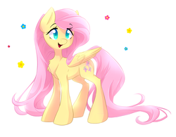 Size: 2885x2248 | Tagged: safe, artist:cynicalsonata, fluttershy, pegasus, pony, g4, chest fluff, cute, female, folded wings, happy, high res, mare, open mouth, shyabetes, simple background, smiling, solo, standing, turned head, white background, wings