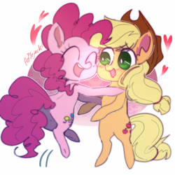 Size: 600x600 | Tagged: safe, artist:sansdy, applejack, pinkie pie, earth pony, pony, g4, abstract background, bipedal, bipedal leaning, blushing, cheek rub, dialogue, eyes closed, female, heart, leaning, lesbian, mare, ship:applepie, shipping, signature