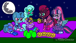 Size: 1280x720 | Tagged: safe, artist:徐詩珮, fizzlepop berrytwist, glitter drops, sci-twi, spring rain, tempest shadow, twilight sparkle, alicorn, pony, rabbit, unicorn, g4, alicornified, broken horn, clothes, crystal guardian, crystal wings, equestria girls outfit, equestria girls ponified, eye scar, female, food, fruit, full moon, horn, lesbian, mid-autumn festival, moon, mooncake, night, picnic, pomelo, ponified, race swap, scar, sci-twilicorn, ship:glitterlight, ship:glittershadow, ship:sci-glitterlight, ship:sci-springlight, ship:sci-tempestlight, ship:sprglitemplight, ship:springdrops, ship:springlight, ship:springshadow, ship:tempestlight, shipping, stars, tempesticorn