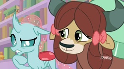 Size: 1920x1080 | Tagged: safe, screencap, ocellus, yona, changedling, changeling, yak, g4, what lies beneath, bow, cute, discovery family, discovery family logo, female, hair bow, library, logo, monkey swings, tired, yonadorable