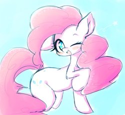Size: 2812x2580 | Tagged: safe, artist:91o42, pinkie pie, earth pony, pony, g4, blue background, cute, diapinkes, female, high res, mare, one ear down, one eye closed, open mouth, simple background, solo, white pupils, wink