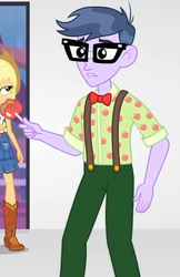 Size: 406x628 | Tagged: safe, screencap, applejack, micro chips, equestria girls, equestria girls specials, g4, my little pony equestria girls: better together, my little pony equestria girls: rollercoaster of friendship, caramel apple (food), cropped, glasses, male