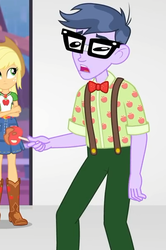 Size: 402x607 | Tagged: safe, screencap, applejack, microchips, equestria girls, equestria girls series, g4, rollercoaster of friendship, animation error, caramel apple (food), clothes, cropped, glasses, male