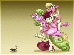 Size: 1600x1200 | Tagged: safe, artist:inuhoshi-to-darkpen, artist:ocarina0ftimelord, artist:the smiling pony, daisy, flower wishes, lily, lily valley, roseluck, earth pony, pony, spider, g4, arachnophobia, balancing, carrying, cheek fluff, chest fluff, ear fluff, female, floppy ears, flower, flower in hair, flower trio, fluffy, frown, gradient background, gritted teeth, hug, leg fluff, mare, open mouth, question mark, raised leg, scared, signature, the horror, trio, trio female, underhoof, unshorn fetlocks, wide eyes