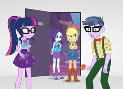 Size: 990x720 | Tagged: safe, screencap, applejack, micro chips, rarity, sci-twi, twilight sparkle, equestria girls, equestria girls specials, g4, my little pony equestria girls: better together, my little pony equestria girls: rollercoaster of friendship, belt, boots, caramel apple (food), cellphone, clothes, cowboy boots, cowboy hat, crossed arms, denim skirt, faic, female, freckles, geode of shielding, geode of super strength, geode of telekinesis, glasses, hat, high heels, male, phone, ponytail, shocked, shoes, skirt, smartphone, stetson