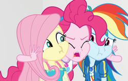 Size: 1131x720 | Tagged: safe, screencap, fluttershy, pinkie pie, rainbow dash, equestria girls, equestria girls series, g4, rollercoaster of friendship, eyes closed, female, geode of fauna, geode of sugar bombs, geode of super speed, magical geodes