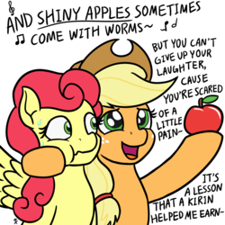 Size: 1280x1280 | Tagged: safe, artist:mkogwheel, applejack, strawberry sunrise, earth pony, pegasus, pony, g4, sounds of silence, a kirin tale, apple, dialogue, duo, duo female, female, food, freckles, side hug, simple background, singing, sweat, sweatdrop, white background