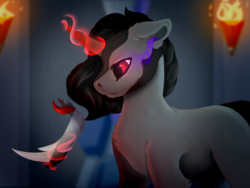 Size: 6000x4500 | Tagged: safe, artist:isorrayi, king sombra, pony, g4, absurd resolution, blank flank, crown, curved horn, glowing horn, horn, jewelry, levitation, magic, male, missing accessory, red eyes, regalia, sideburns, solo, sombra eyes, telekinesis, torch