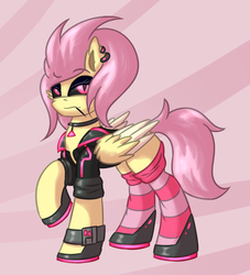 Size: 1000x1100 | Tagged: safe, artist:shad0w-galaxy, fluttershy, pegasus, pony, g4, abstract background, black sclera, clothes, commission, cyberpunk, female, raised hoof, slit pupils, socks, solo, striped socks