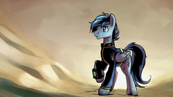 Size: 1600x900 | Tagged: safe, artist:replacer808, oc, oc only, oc:happy dream, pegasus, pony, fallout equestria, clothes, cutie mark, fallout, fanfic, fanfic art, jumpsuit, male, pipbuck, raised hoof, solo, stallion, vault 13, vault suit, wasteland, wings