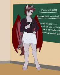 Size: 1600x2000 | Tagged: safe, artist:firefall-mlp, oc, oc only, oc:scarlet quill, bat pony, anthro, unguligrade anthro, anthro oc, art trade, bat pony oc, bat wings, chalk, chalkboard, clothes, fangs, female, frown, hair bun, hand on hip, mare, milf, shorts, slit pupils, solo, teacher, wings