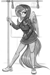 Size: 1280x1911 | Tagged: safe, artist:lightly-san, fluttershy, pegasus, anthro, plantigrade anthro, g4, clothes, female, grayscale, hoodie, monochrome, shoes, sketch, sneakers, solo