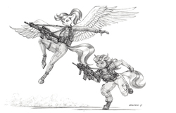 Size: 1500x966 | Tagged: safe, artist:baron engel, oc, oc only, oc:candle flare, oc:ice shiver, pegasus, unicorn, anthro, unguligrade anthro, anthro oc, assault rifle, clothes, cz bren, flying, fn scar, grayscale, gun, monochrome, pants, pencil drawing, rifle, simple background, traditional art, trigger discipline, weapon, white background