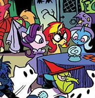 Size: 194x200 | Tagged: safe, artist:andypriceart, idw, big macintosh, princess luna, starlight glimmer, sunset shimmer, trixie, pony, unicorn, g4, spoiler:comic, spoiler:comic71, comic, counterparts, cropped, female, magical trio, masked shimmer, peanuts, twilight's counterparts