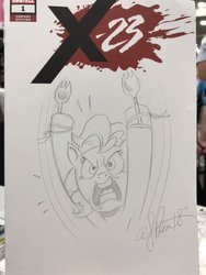Size: 768x1024 | Tagged: safe, artist:andypriceart, pinkie pie, earth pony, pony, g4, armpits, female, mare, solo, spork, traditional art, voice actor joke, wolverine