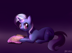 Size: 1748x1289 | Tagged: safe, artist:bae-mon, trixie, pony, unicorn, g4, female, gradient background, looking at you, magic, mare, prone, reading, solo