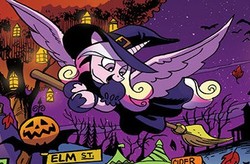 Size: 376x247 | Tagged: safe, artist:andypriceart, idw, official comic, princess cadance, alicorn, pony, g4, spoiler:comic, spoiler:comic71, broom, clothes, costume, cropped, cute, cutedance, female, flying, flying broomstick, hat, lantern, mare, nightmare night, nightmare night costume, smiling, spread wings, tree, wings, witch costume, witch hat
