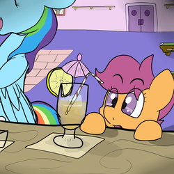 Size: 3000x3000 | Tagged: safe, artist:undercoverpone, rainbow dash, scootaloo, pegasus, pony, g4, alcohol, bar, cocktail umbrella, drink, female, filly, high res, mare, underaged drinking