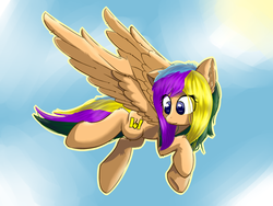 Size: 2000x1500 | Tagged: safe, artist:ppptly, oc, oc only, oc:program mouse, pony, anime eyes, cute, ear fluff, female, flying, outline, simple background, sky, smiling, solo, wings