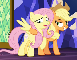 Size: 1084x838 | Tagged: safe, screencap, applejack, fluttershy, earth pony, pegasus, pony, sounds of silence, cropped, female, hoof around neck, lidded eyes, mare, nervous, nervous laugh, out of context, raised eyebrow, raised hoof, smiling, spread wings, twilight's castle, wings