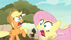 Size: 1920x1080 | Tagged: safe, screencap, applejack, fluttershy, earth pony, pegasus, pony, g4, sounds of silence, discovery family logo, female, mare, open mouth, panic, scared, screaming, train station, tree, wide eyes