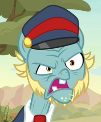 Size: 742x894 | Tagged: safe, screencap, loose tracks, earth pony, pony, sounds of silence, beard, clothes, cropped, elderly, facial hair, hat, male, necktie, scary face, shirt, solo, stallion, uniform