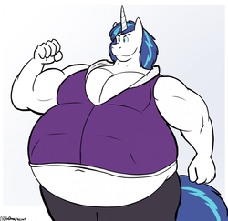 Size: 1280x1244 | Tagged: safe, artist:th0mas, shining armor, unicorn, anthro, g4, bhm, clothes, fat, flexing, male, midriff, morbidly obese, musclegut, muscles, obese, shining blubber, simple background, smiling, solo, stallion, vest