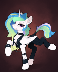 Size: 1600x1977 | Tagged: safe, artist:yakovlev-vad, princess celestia, alicorn, pony, g4, alternate hairstyle, chains, chest fluff, choker, clothes, collar, cross, ear piercing, earring, female, goth, industrial piercing, jacket, jewelry, leather, leather jacket, looking at you, mare, metalestia, pentagram, piercing, raised hoof, see-through, slender, smiling, solo, spiked choker, spiked collar, spiked wristband, tail wrap, thin, wristband