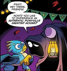 Size: 296x311 | Tagged: safe, artist:andypriceart, idw, official comic, gallus, twilight sparkle, alicorn, griffon, pony, g4, spoiler:comic, spoiler:comic71, candle, cloak, clothes, cropped, duo, hood, lantern, male, nightmare night, purple background, shocked, simple background, speech bubble, twilight sparkle (alicorn), wings