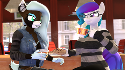 Size: 1920x1080 | Tagged: safe, artist:anthroponiessfm, oc, oc only, oc:aurora starling, oc:ryiah, deer, anthro, 3d, adorable face, anthro oc, breasts, cafe, clothes, coffee, cookie, cute, deer oc, explicit source, female, food, glasses, heterochromia, long mane, looking at each other, source filmmaker