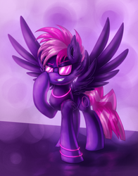 Size: 1650x2100 | Tagged: safe, artist:shad0w-galaxy, oc, oc only, oc:neon rave, pegasus, pony, 80s, 80s hair, abstract background, commission, fluffy, glowstick, male, outrun, pink mane, pink tail, purple, purple background, simple background, smiling, smirk, solo, spread wings, sunglasses, synthwave, wingboner, wings