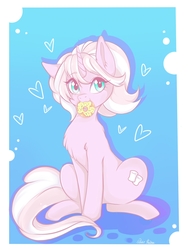 Size: 1536x2048 | Tagged: safe, artist:whiteraven, oc, oc only, oc:marshmallow fluff, pony, unicorn, alternative cutie mark placement, donut, female, food, inner thigh cutie mark, mare, mouth hold, sitting, solo