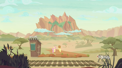 Size: 1920x1080 | Tagged: safe, screencap, applejack, fluttershy, earth pony, pegasus, pony, g4, sounds of silence, discovery family logo, duo, female, mare, mountain, peaks of peril, savanna, scenery, ticket booth, train station, train tracks, tree