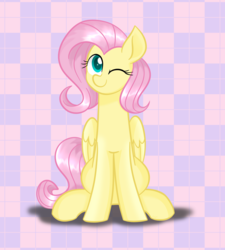Size: 1280x1423 | Tagged: safe, artist:chautung, fluttershy, pegasus, pony, g4, cute, female, folded wings, looking at you, mare, one eye closed, shyabetes, sitting, smiling, solo, wings, wink