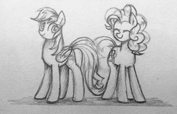 Size: 1280x828 | Tagged: safe, artist:chautung, pinkie pie, rainbow dash, earth pony, pegasus, pony, g4, cute, diapinkes, eyes closed, female, lesbian, mare, pencil drawing, ship:pinkiedash, shipping, smiling, traditional art