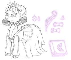Size: 1000x853 | Tagged: safe, artist:sepiakeys, twilight sparkle, pony, g4, alternate hairstyle, clothes, crown, dress, female, jewelry, regalia, ruff (clothing), simple background, sketch, solo