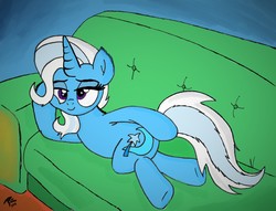 Size: 4100x3125 | Tagged: safe, artist:radiancebreaker, trixie, pony, unicorn, g4, road to friendship, couch, draw me like one of your french girls, female, looking back, mare, prone, scene interpretation, solo
