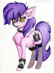 Size: 2459x3349 | Tagged: safe, artist:luxiwind, oc, oc only, oc:misty rock, earth pony, pony, choker, female, fishnet stockings, high res, mare, solo, spiked choker, traditional art