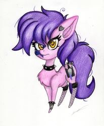 Size: 2411x2925 | Tagged: safe, artist:luxiwind, oc, oc only, oc:misty rock, earth pony, pony, chibi, choker, female, fishnet stockings, high res, mare, solo, spiked choker, traditional art