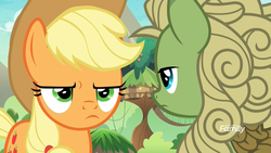 Size: 1920x1080 | Tagged: safe, screencap, applejack, forest fall, earth pony, kirin, pony, g4, sounds of silence, annoyed, applejack is not amused, background kirin, discovery family logo, female, frown, frustrated, furrowed brow, male, mare, unamused