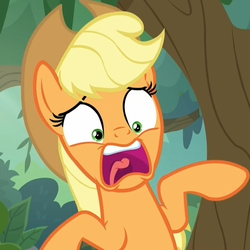 Size: 1079x1078 | Tagged: safe, screencap, applejack, earth pony, pony, g4, sounds of silence, bipedal, cropped, female, mare, open mouth, panic, panic attack, scared, screaming, solo, terrified