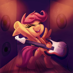 Size: 2000x2000 | Tagged: safe, artist:discorded, scootaloo, pegasus, pony, g4, armpits, bipedal, cute, cutealoo, eyes closed, female, filly, foal, guitar, happy, high res, musical instrument, open mouth, open smile, scootabass, smiling, solo, spread wings, the cmc's cutie marks, underhoof, wings
