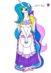 Size: 2450x3490 | Tagged: safe, artist:killerteddybear94, princess celestia, alicorn, anthro, plantigrade anthro, apron, breasts, busty princess celestia, cleavage, clothes, cute, cutelestia, dialogue, female, heart, heart eyes, housewife, long skirt, looking at you, mare, momlestia, multicolored mane, redraw, shirt, shoes, skirt, smiling, solo, t-shirt, talking to viewer, text, wingding eyes
