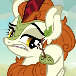 Size: 1079x1078 | Tagged: safe, screencap, autumn blaze, kirin, sounds of silence, autumn blaze's puppet, cloven hooves, cropped, female, hand puppet, puppet, solo, stick, twig, whispering