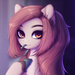 Size: 2313x2312 | Tagged: safe, artist:shenki, oc, oc only, pony, bust, ear fluff, ear piercing, gauges, high res, mouth hold, notepad, pencil, piercing, solo, unshorn fetlocks