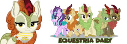 Size: 1000x350 | Tagged: safe, autumn afternoon, autumn blaze, forest fall, maple brown, spring glow, starlight glimmer, kirin, equestria daily, g4, sounds of silence, background kirin, banner, best kirin, cloven hooves, cup, cute, female, hoof hold, kirin starlight, kirin-ified, male, one of these things is not like the others, simple background, smug, species swap, transparent background