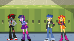 Size: 1024x576 | Tagged: safe, artist:mergedzamasuva, flash sentry, sunset shimmer, twilight sparkle, human, equestria girls, g4, angry, backpack, book, boots, clothes, crossover, equestria girls-ified, female, implied flashlight, implied shipping, implied straight, jacket, jealous, lockers, male, padlock, sega, shadow the hedgehog, shadtwi, ship:flashimmer, ship:flashlight, shipping, shoes, sneakers, sonic the hedgehog, sonic the hedgehog (series), straight